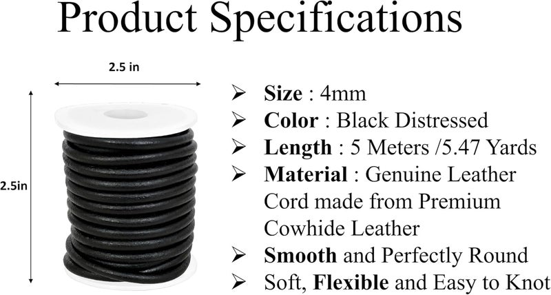 GENIQUE Real/Genuine Round Leather String Cord for Necklace, Bracelets, Jewellery, Braiding (Black Distressed, 4mm) - Image 2
